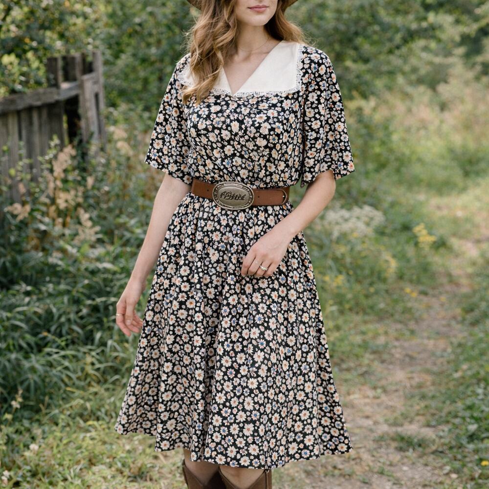 Vintage 80s Floral Prairie Dress Peter Pan Collar Cottagecore Midi M/L